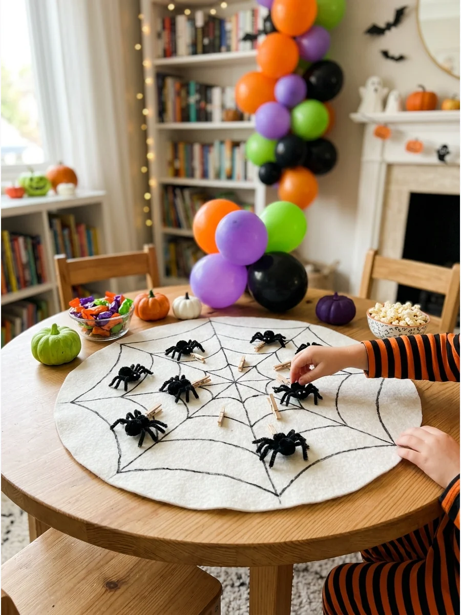 A felt spider web with toy spiders attached.
