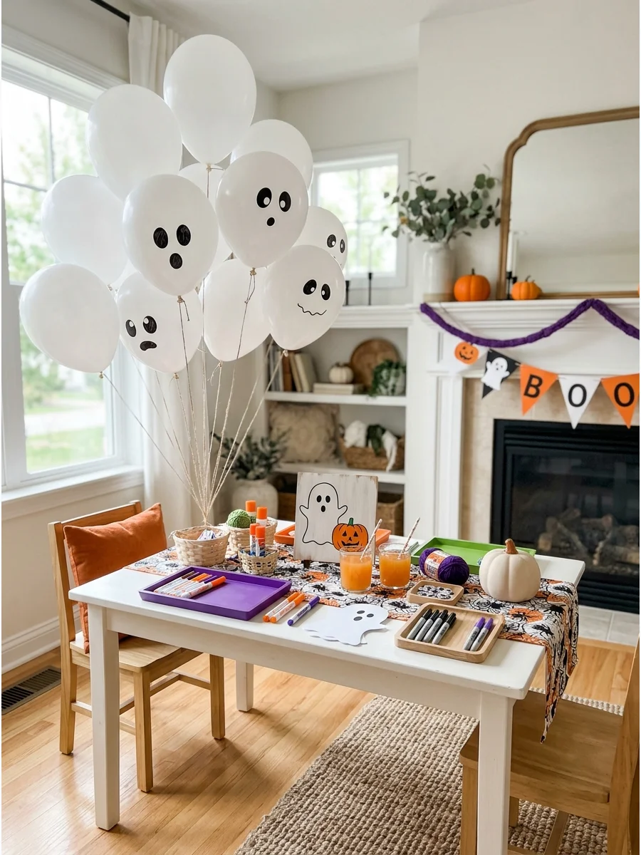 White balloons with ghost faces floating in a room.