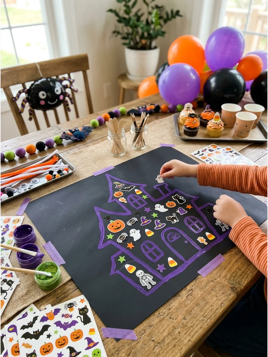 A sticker collage of a haunted house on black paper.