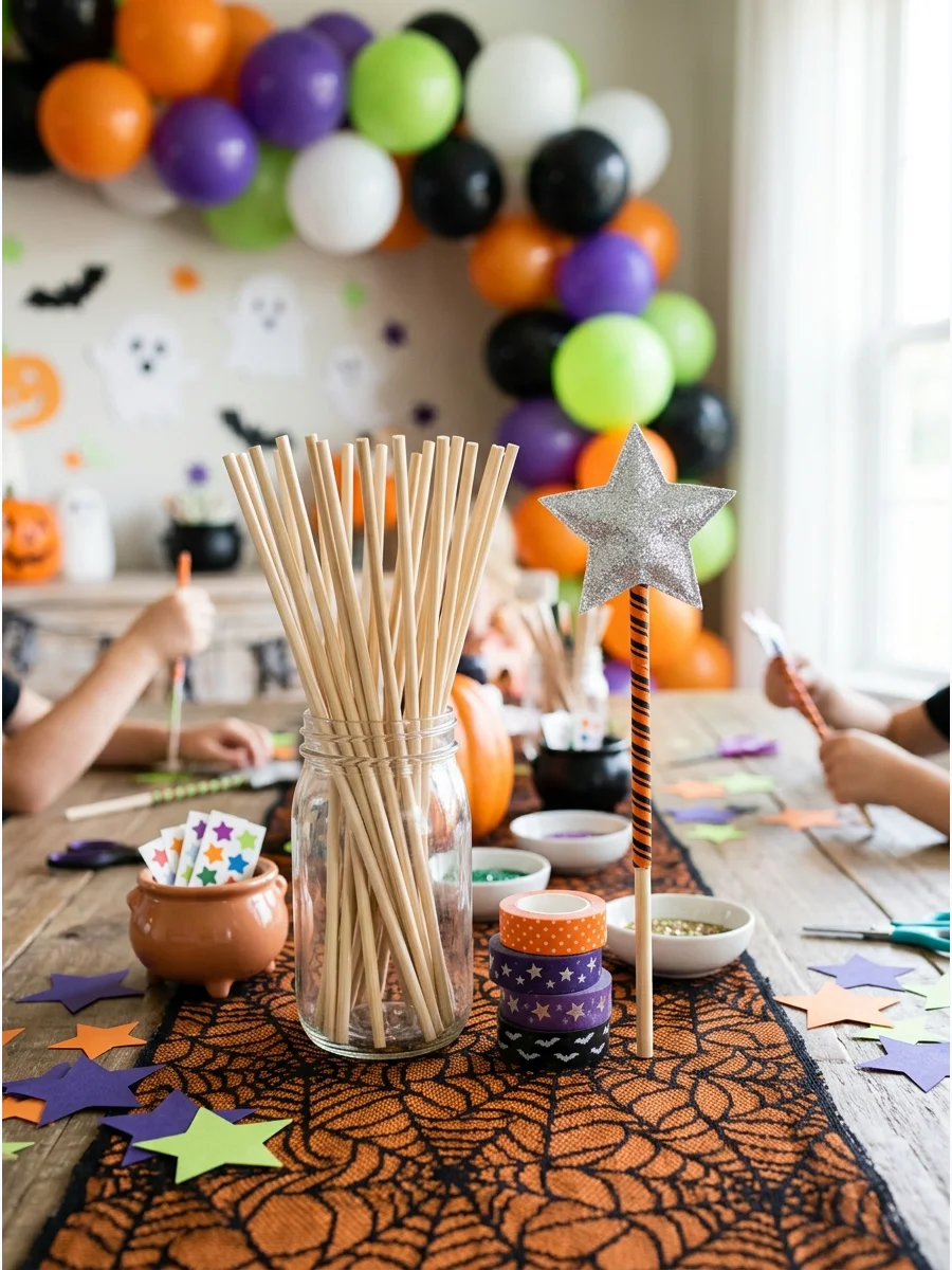 DIY wizard wands and colorful washi tape on a table.