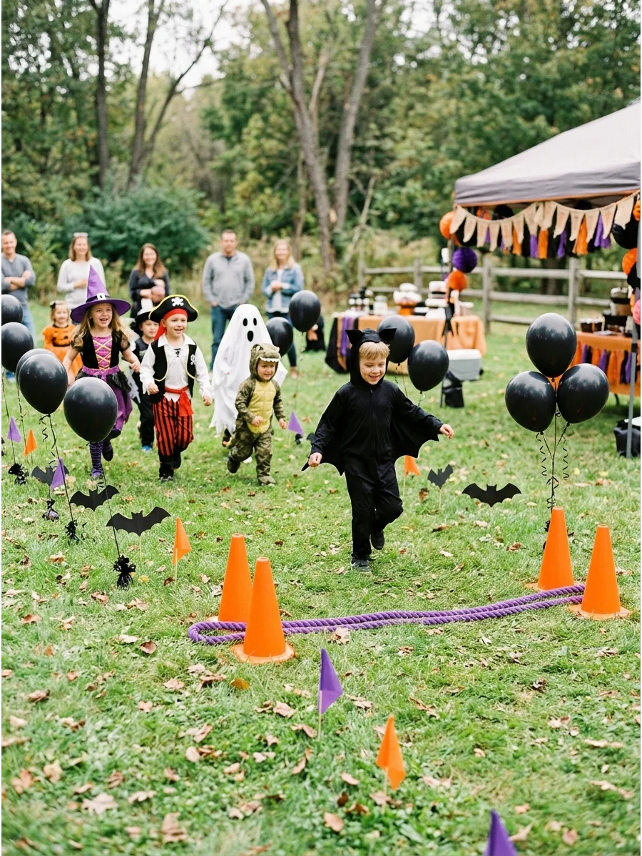 Black balloons and bat-shaped cardboard paddles on a grassy field with orange cones.