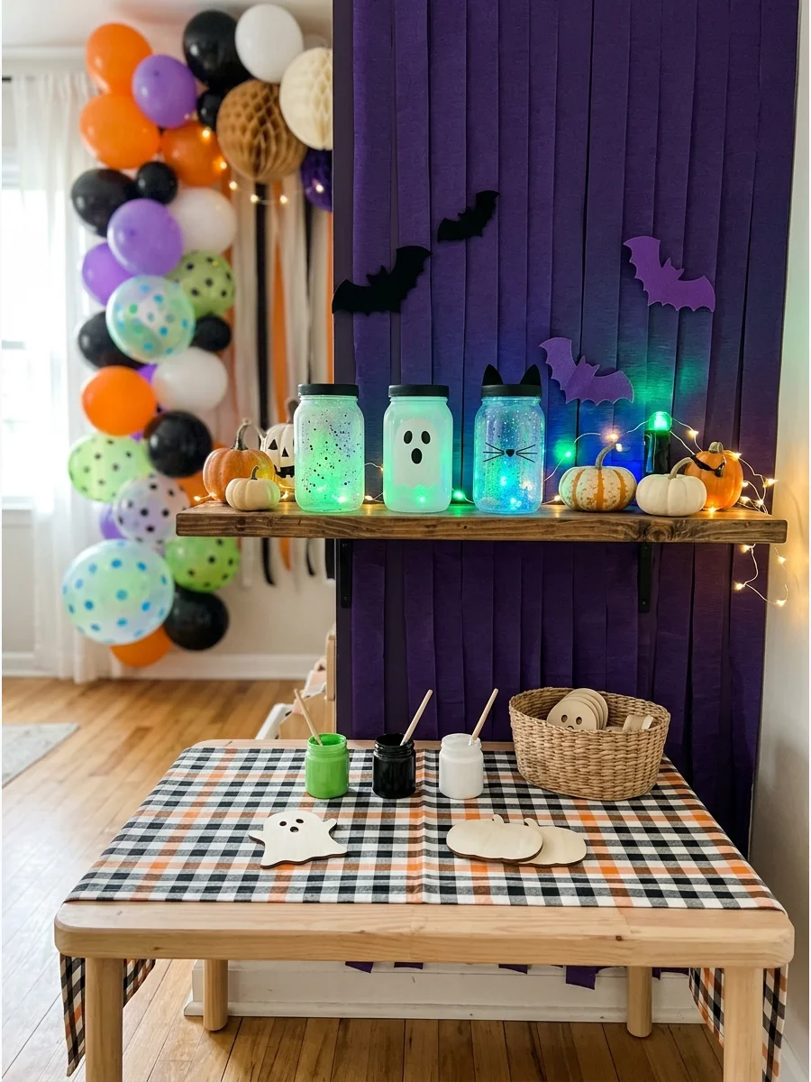 Glowing plastic jars with speckled paint in a dark room.