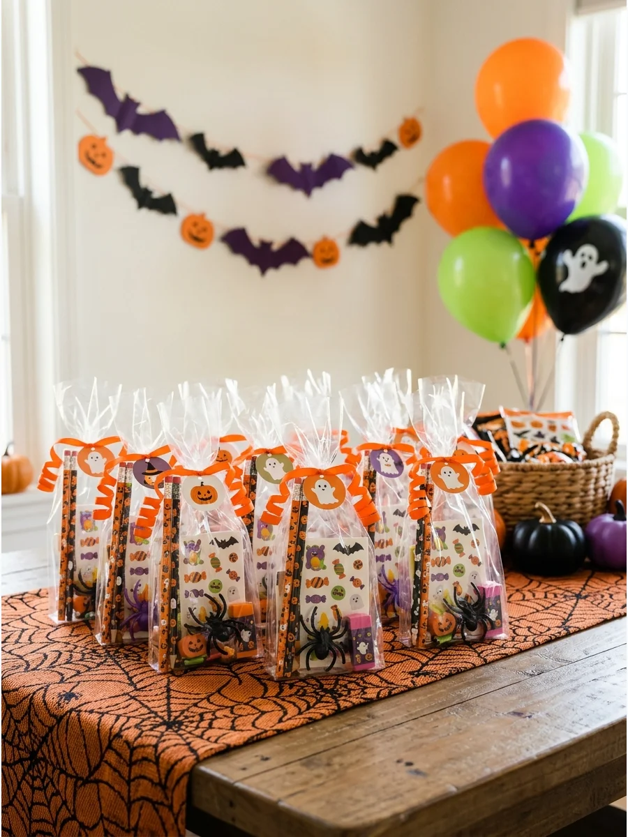 Clear gift bags filled with non-candy Halloween favors.