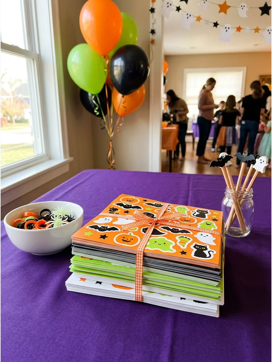 A stack of Halloween-themed sticker sheets.