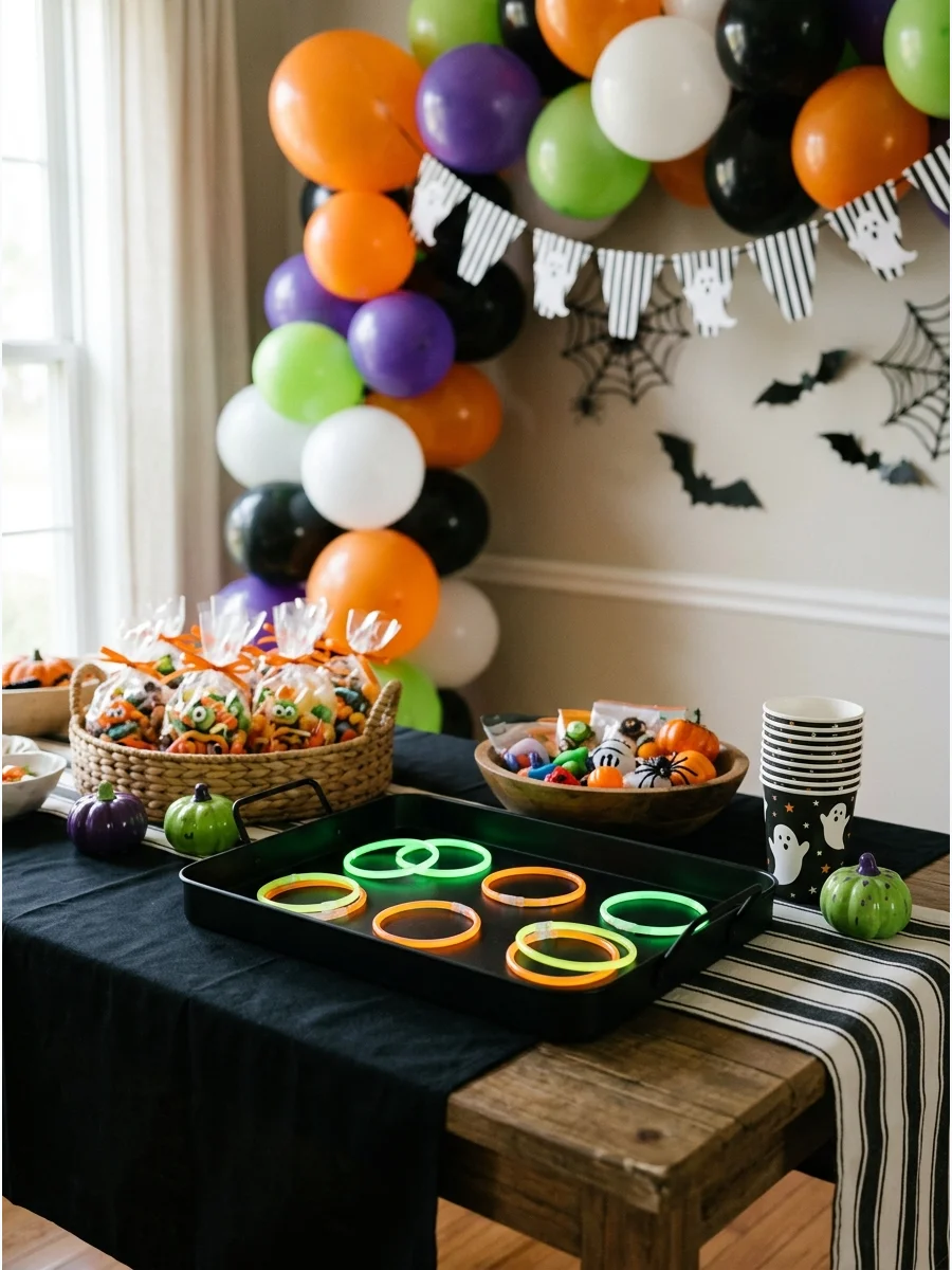 Glowing green and orange jewelry on a black tray.