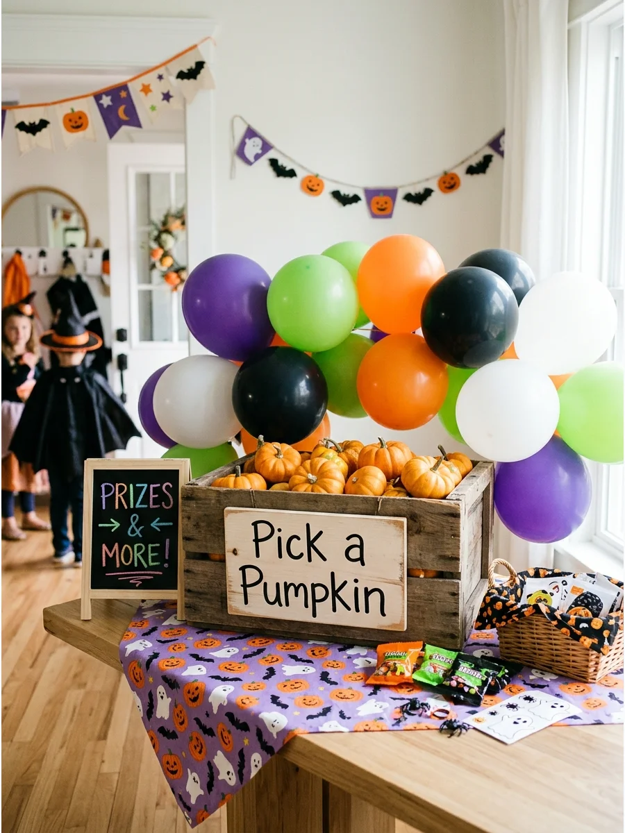 A wooden crate of mini pumpkins with a hand-written sign.