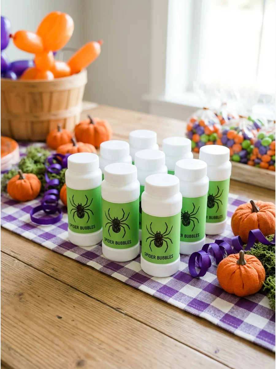 Small bubble bottles with festive spider labels.