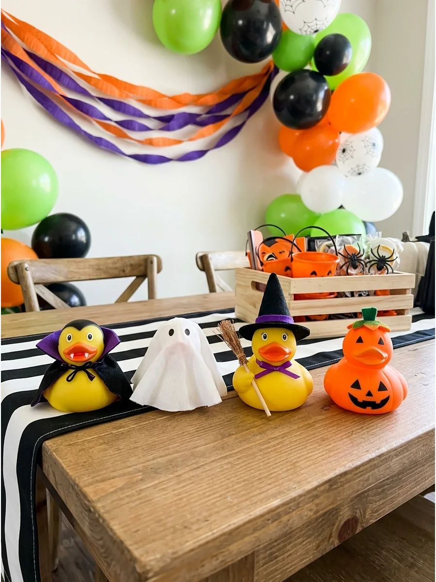 Rubber ducks in various Halloween costumes.