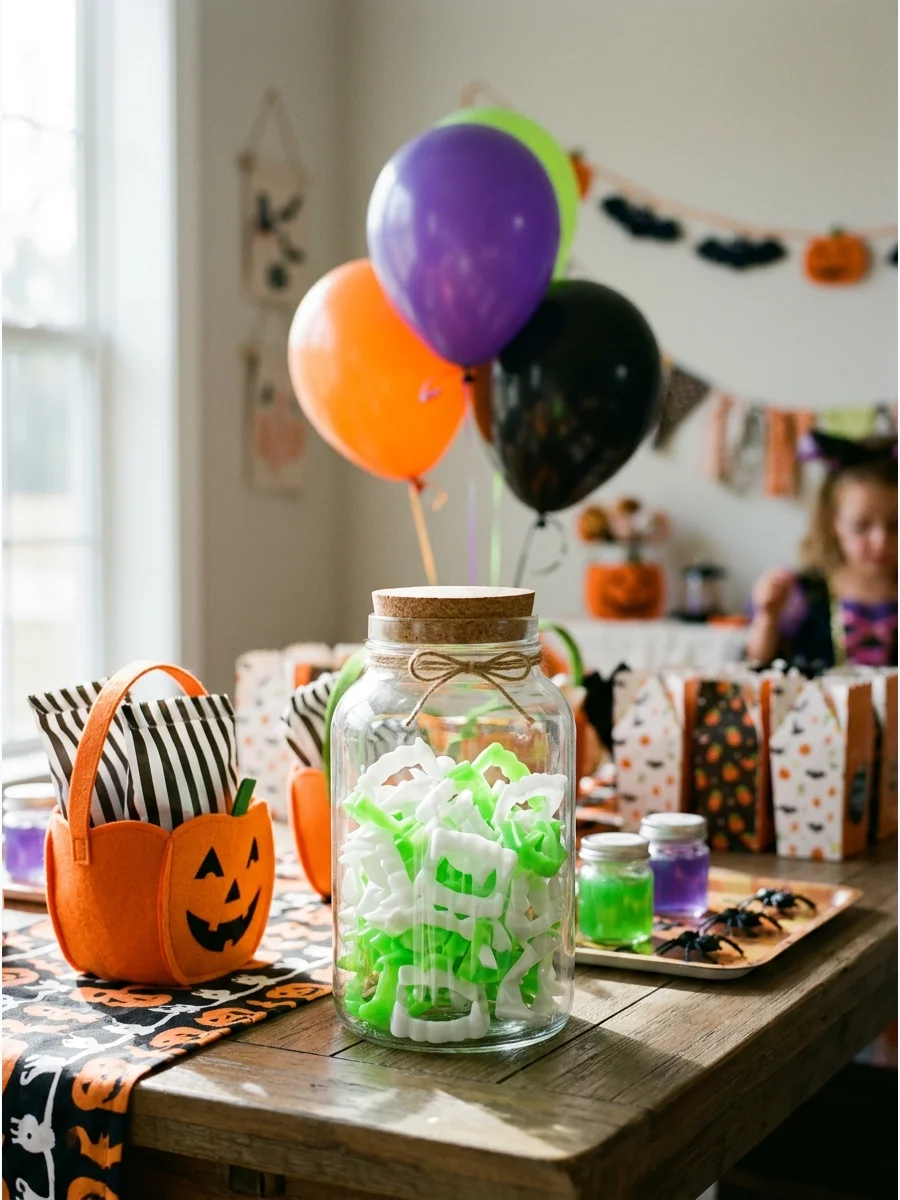 A jar of plastic vampire teeth on a table.