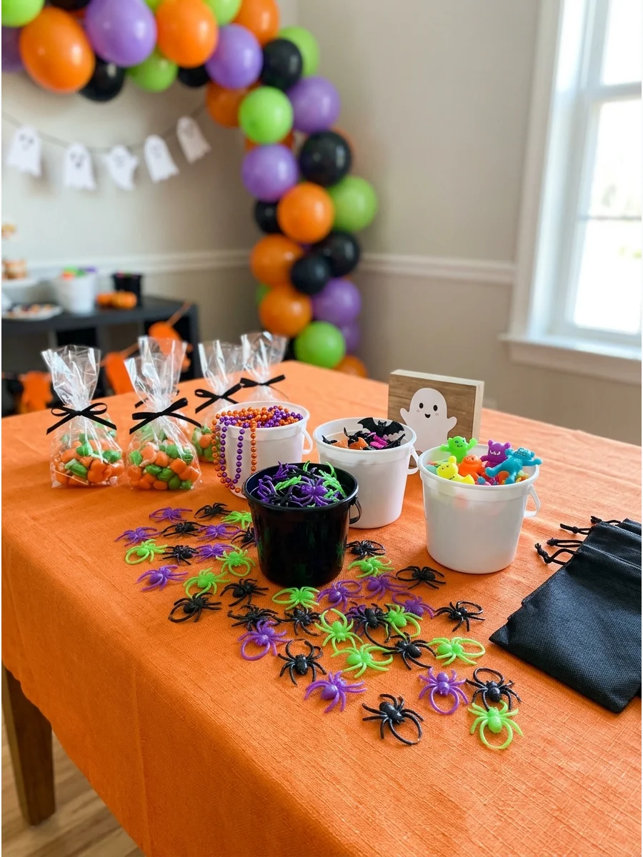 Colorful plastic spider rings on an orange background.