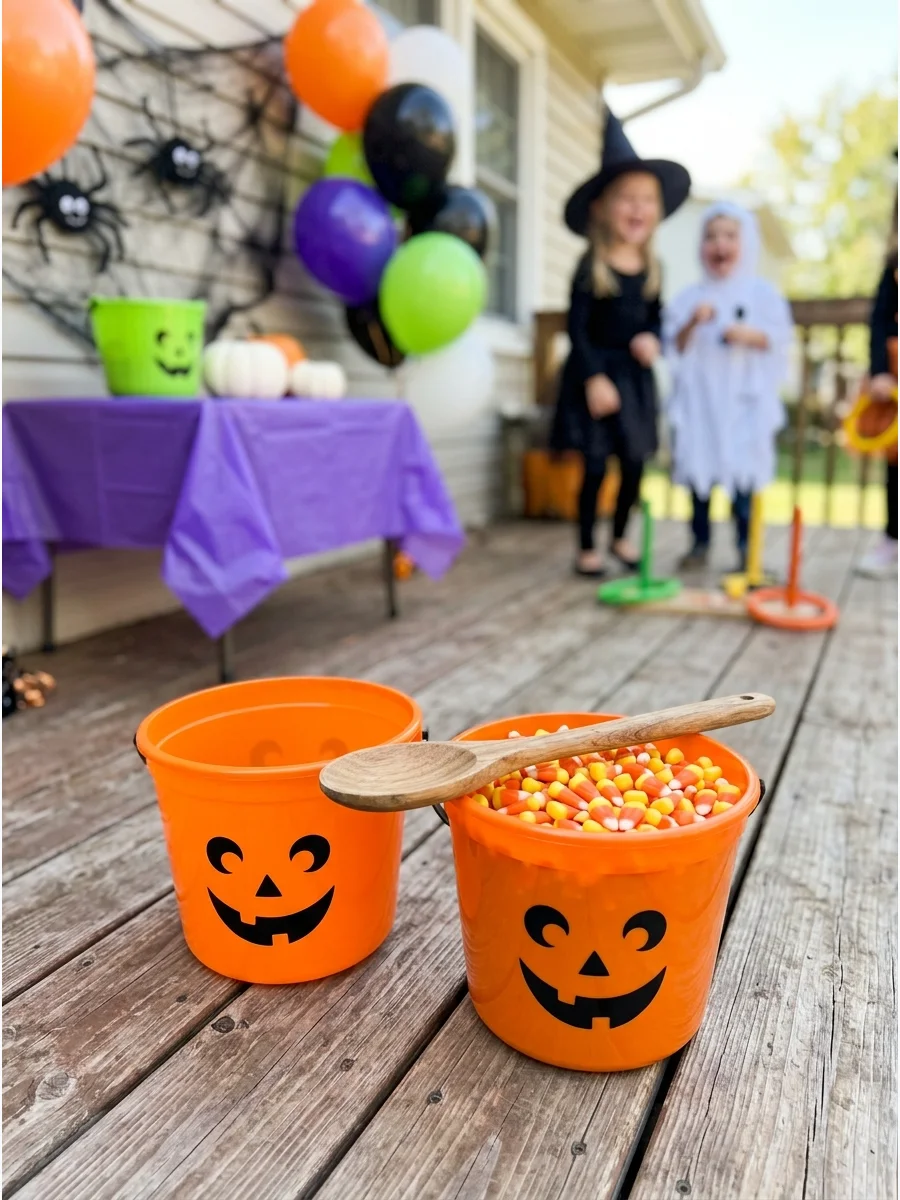 Orange buckets and a wooden spoon filled with candy corn on a stone patio.
