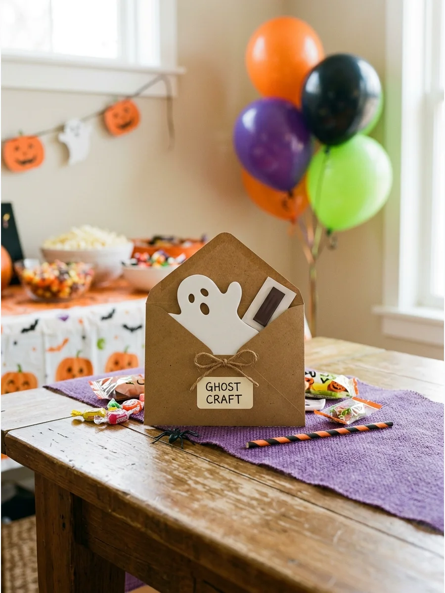 A mini craft kit envelope with a foam ghost inside.