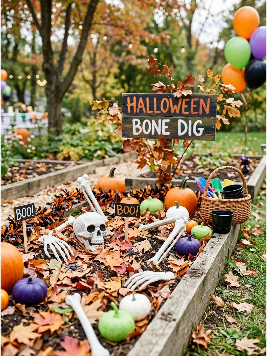 White plastic skeleton bones scattered among orange pumpkins and autumn leaves.