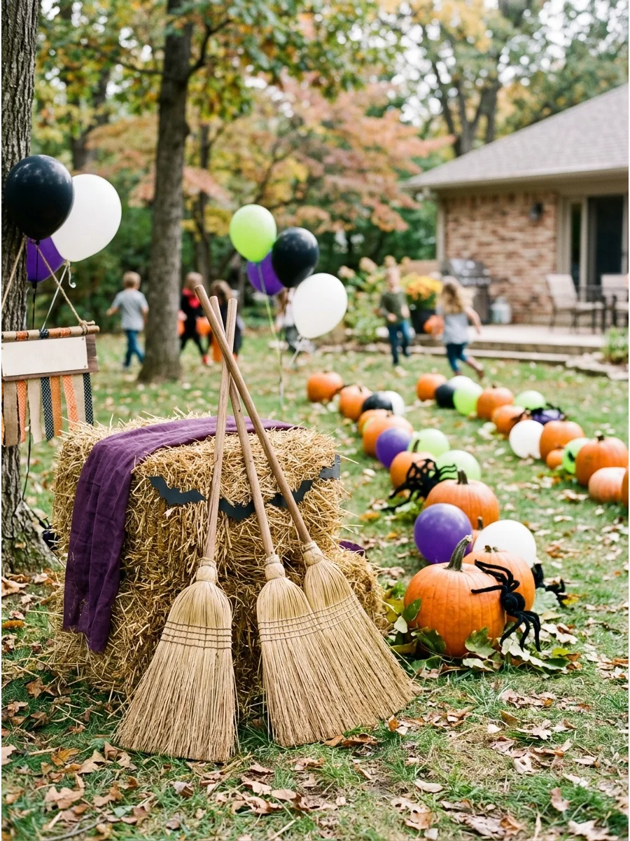 Straw brooms leaning against a hay bale with a pumpkin obstacle course in the background.