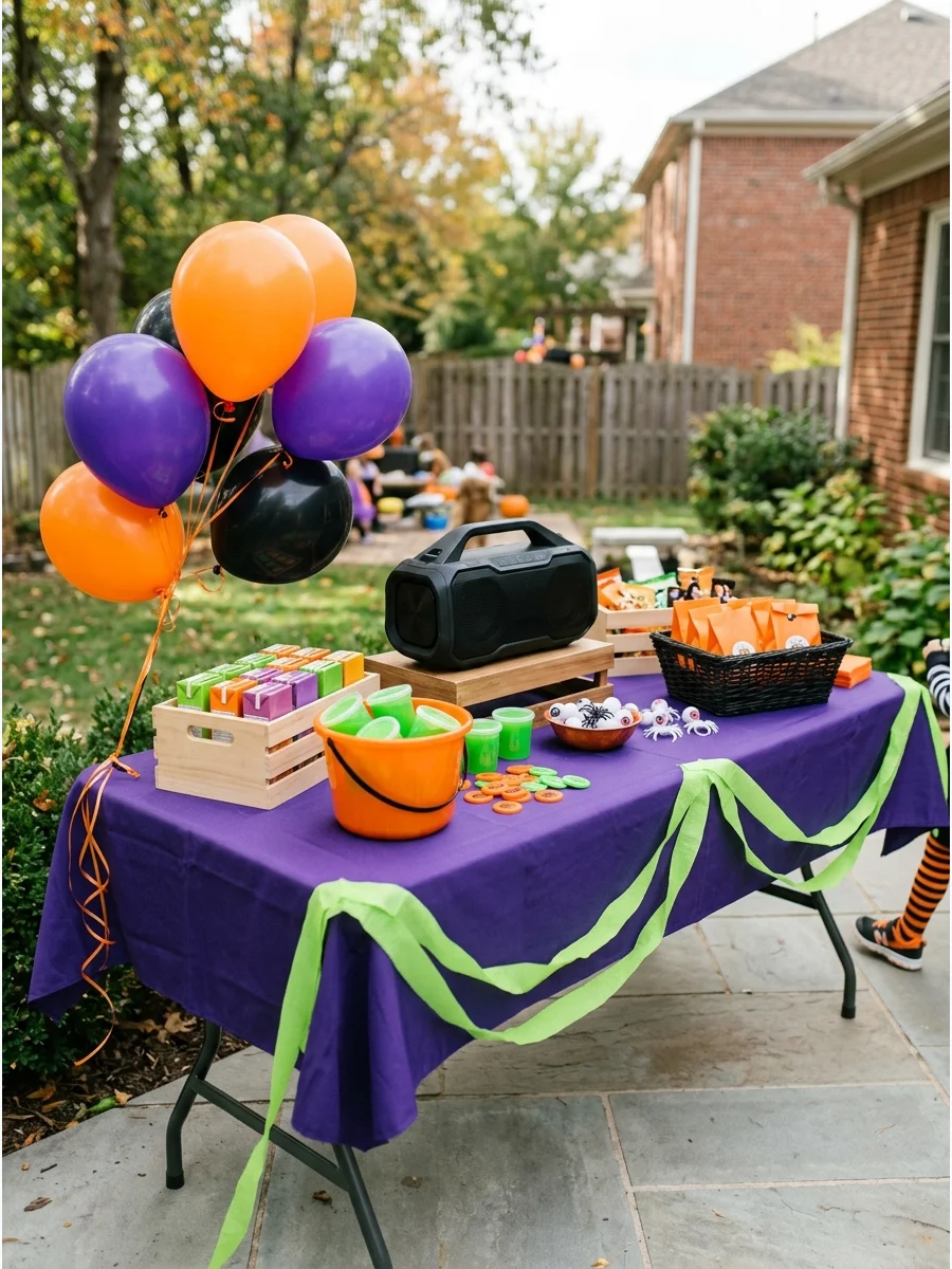 A party speaker on a purple table with festive Halloween decorations.