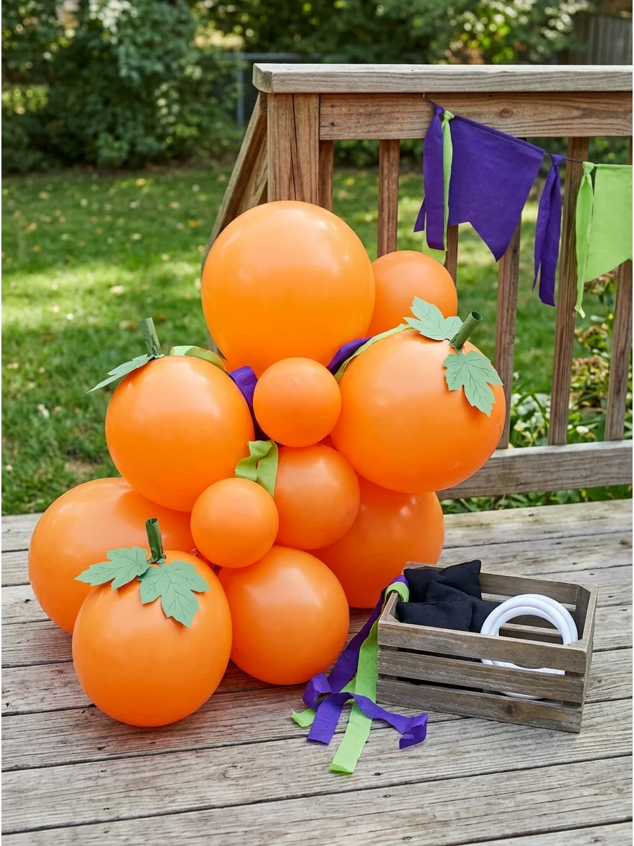 A group of orange balloons styled like pumpkins on a wooden deck.