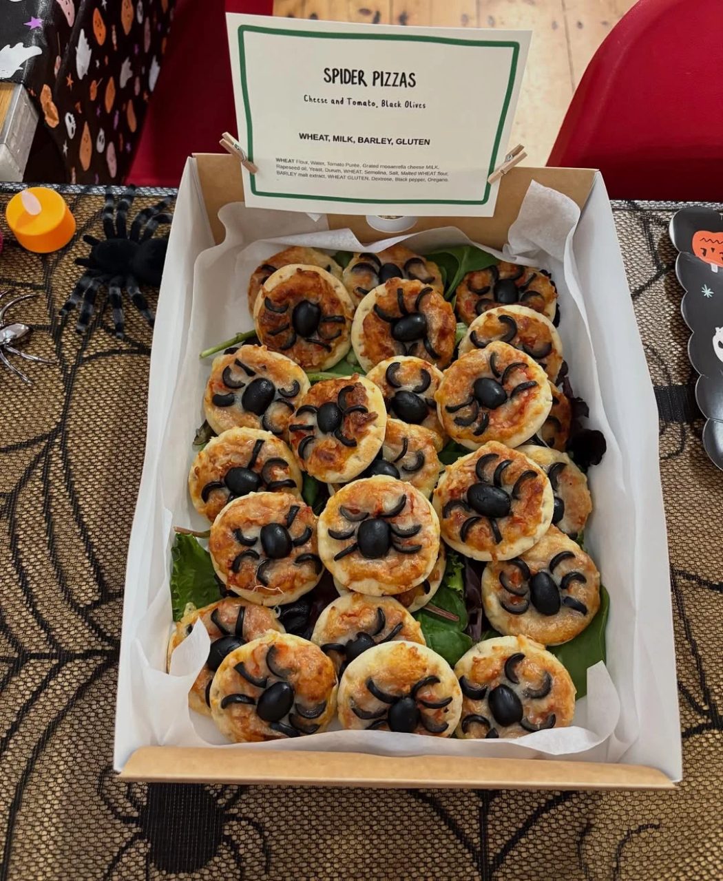 Olive Spider Mini Pizzas kids halloween party