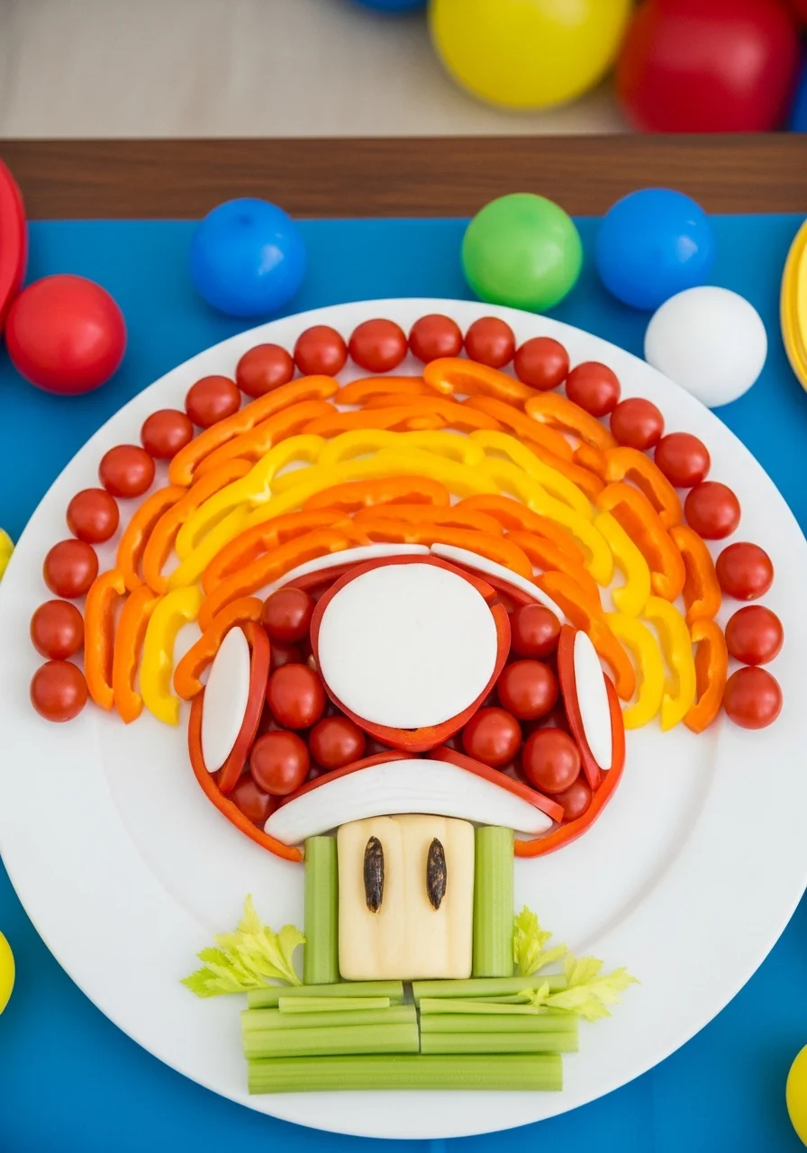 A vegetable tray arranged in the shape of a Super Mario Fire Flower.