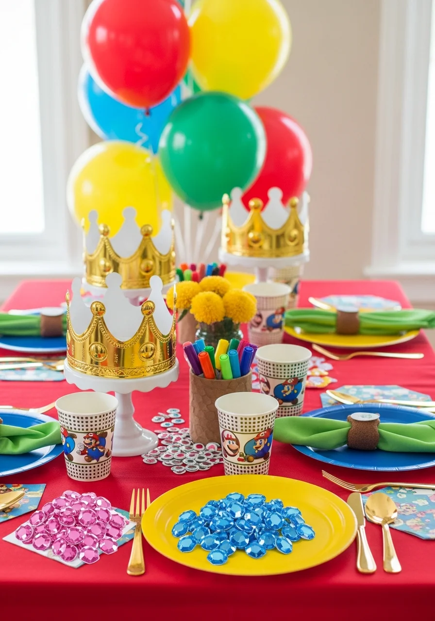 A craft station for making Princess Peach inspired gold crowns.