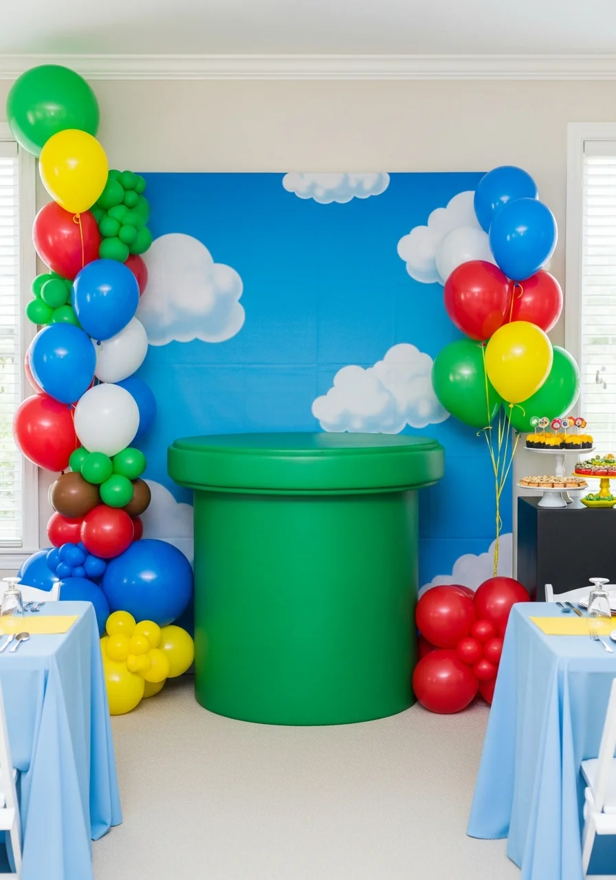 A large green DIY warp pipe used as a photo prop at a party.