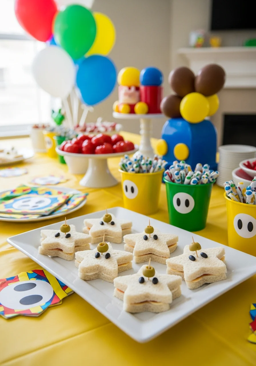 Star-shaped sandwiches decorated with eyes to look like Super Stars.