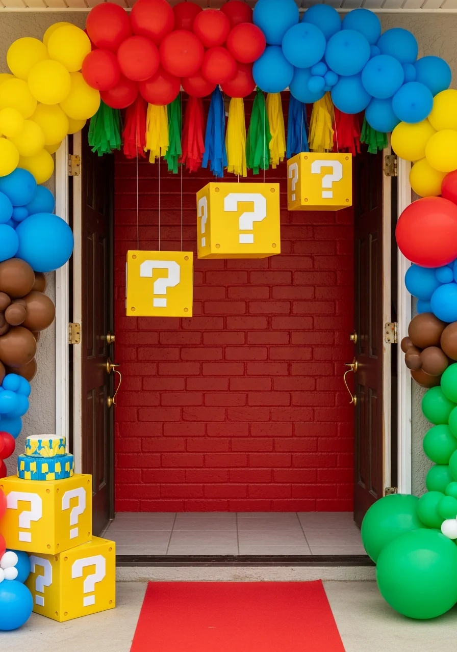 A party backdrop featuring red bricks and floating yellow question blocks.