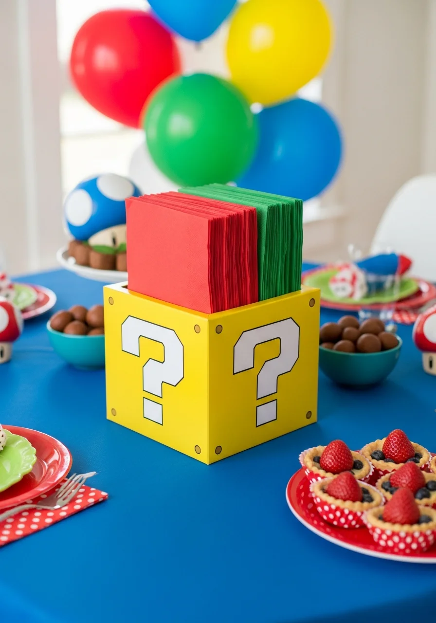 Yellow question block boxes used as table centerpieces.