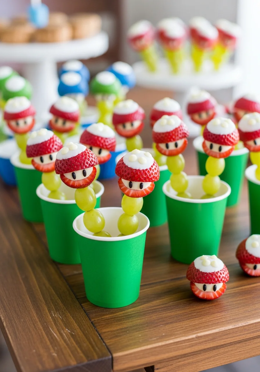 Strawberry and grape fruit skewers designed to look like Piranha Plants in green pipes.