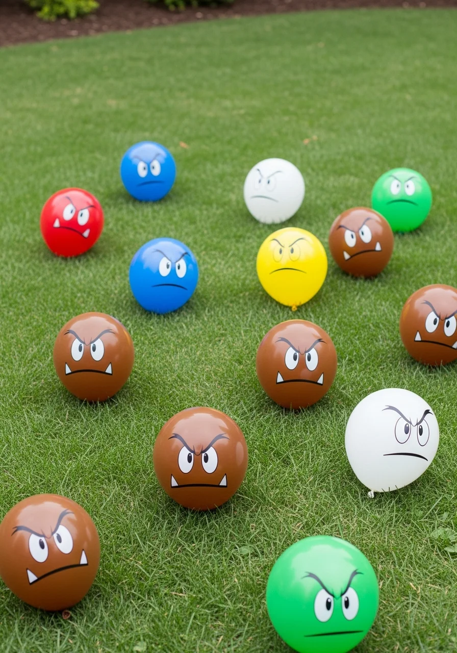 Brown balloons with Goomba faces on a green floor for a children's party game.