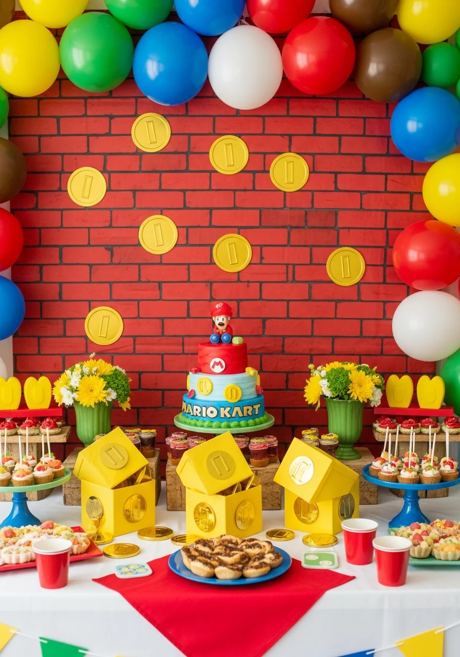 Gold plastic coins and yellow question blocks hidden for a scavenger hunt.