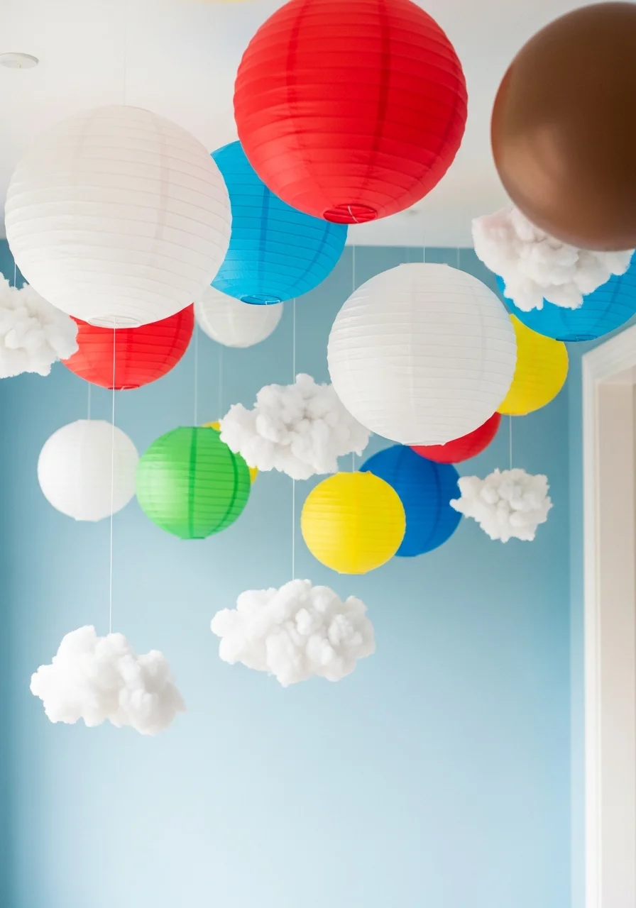 White clouds hanging from the ceiling to create a Super Mario sky effect.