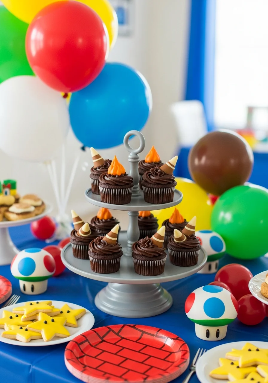 A tiered cupcake tower themed after Bowser's castle with grey and orange frosting.