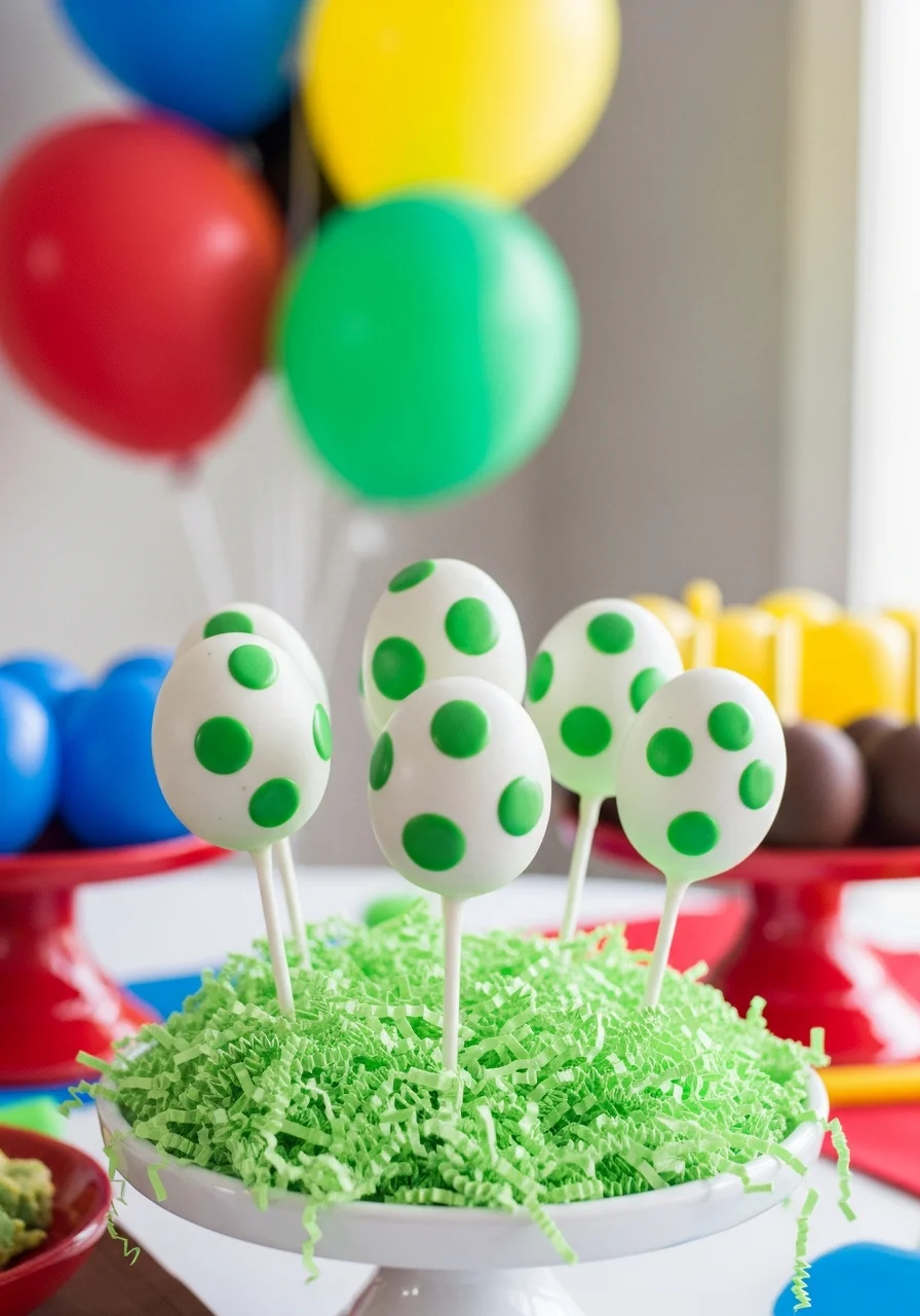 White and green spotted cake pops resembling Yoshi eggs.