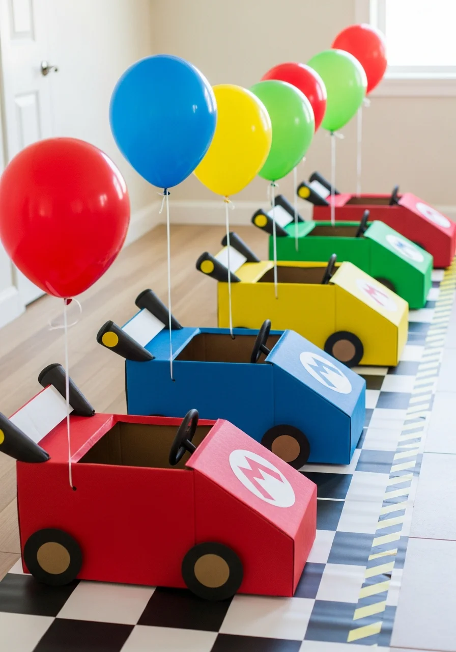 DIY cardboard Mario Kart racers with balloons for a party race.