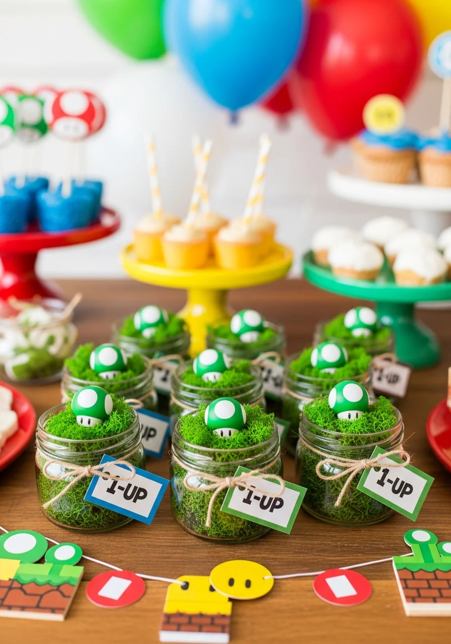 Miniature terrariums with green mushrooms as party favors.