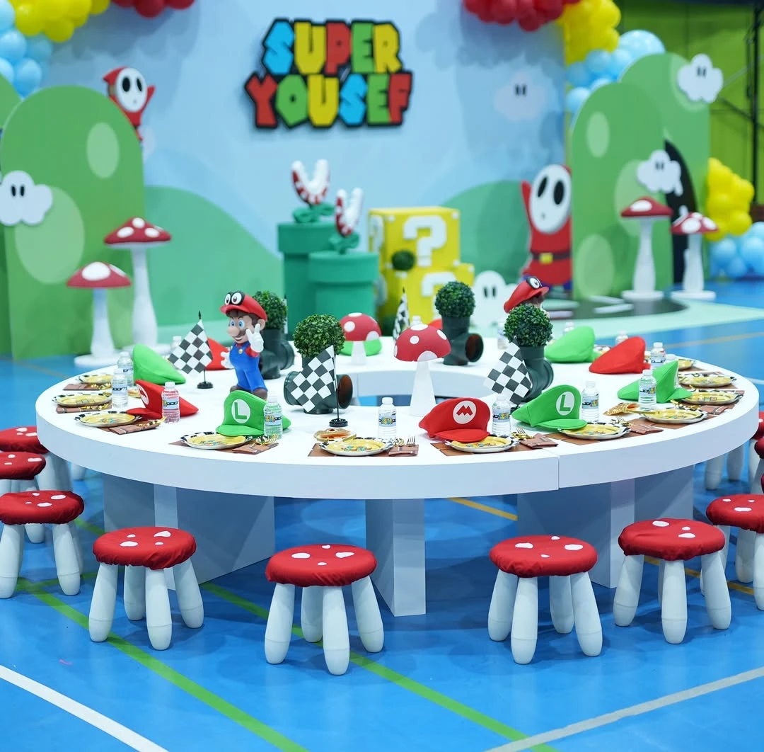 Mushroom Seating and Tableware mario birthday party ideas