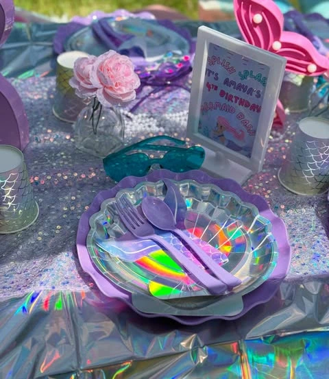 Iridescent Picnic Seating mermaid birthday party ideas