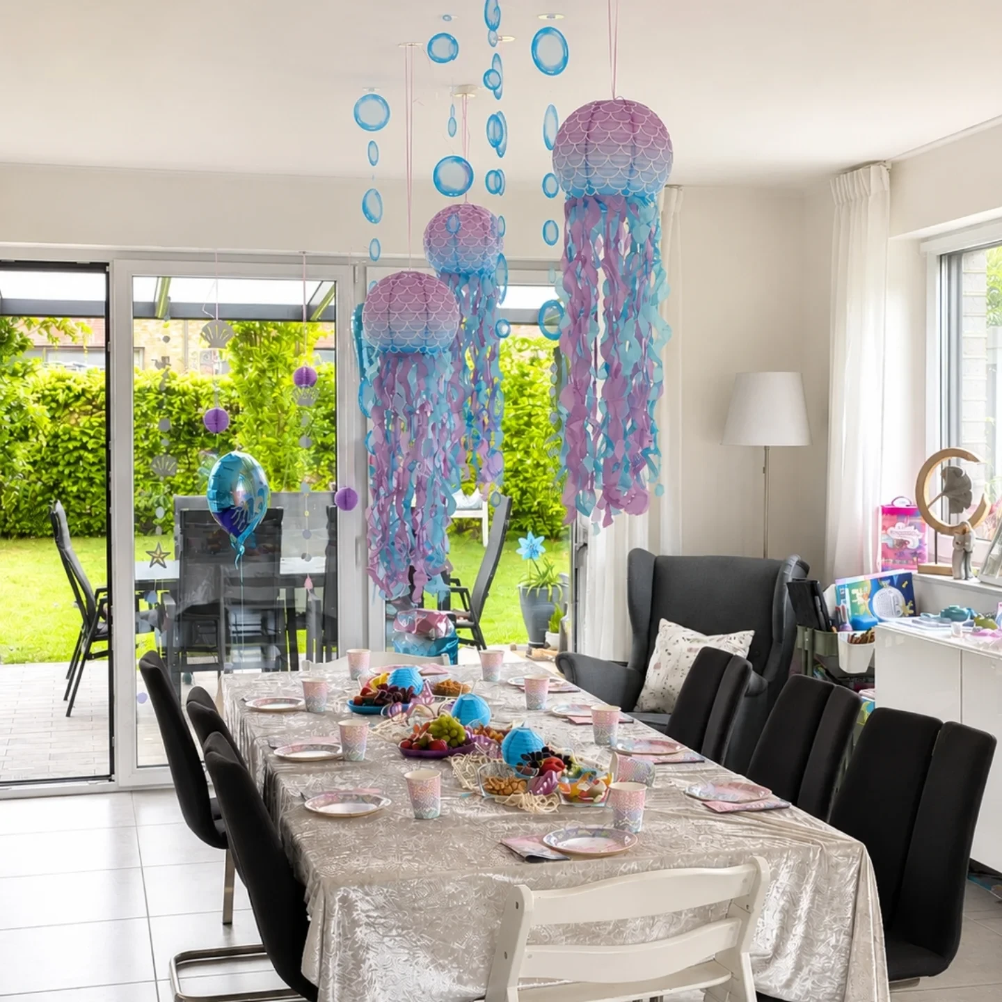 Suspended Jellyfish Dining Decor mermaid birthday party ideas