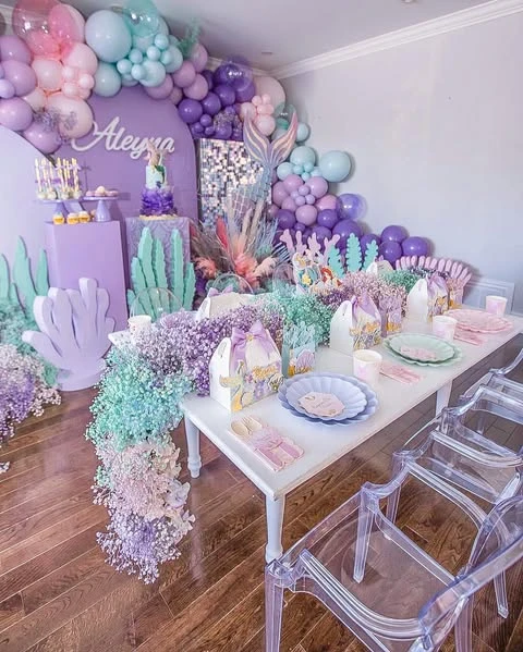 Tinted Seafoam Floral Runner mermaid birthday party ideas