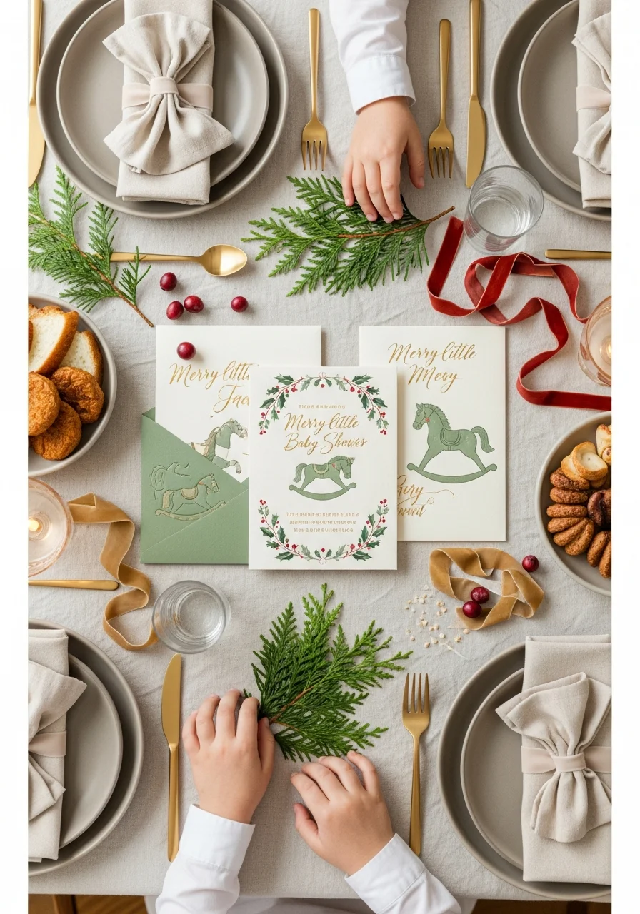 A vintage-style baby shower invitation suite on cream cardstock with green and red illustrations and gold lettering.