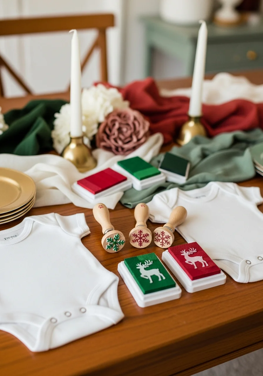 A craft station for decorating baby onesies with holiday-themed rubber stamps and colorful ink pads.