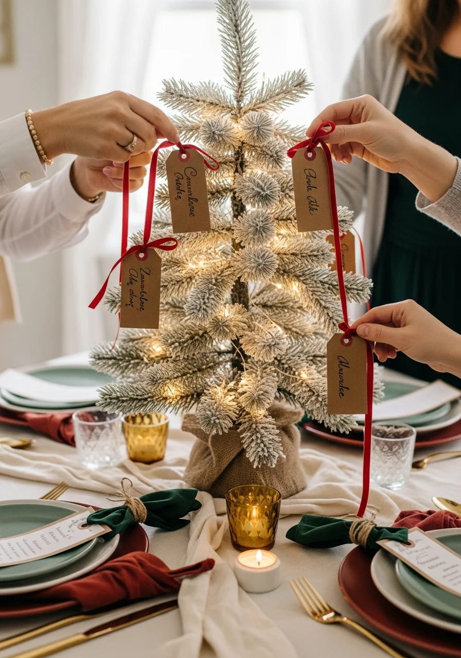 A small tabletop Christmas tree with kraft paper tags hanging from its branches by red ribbons.
