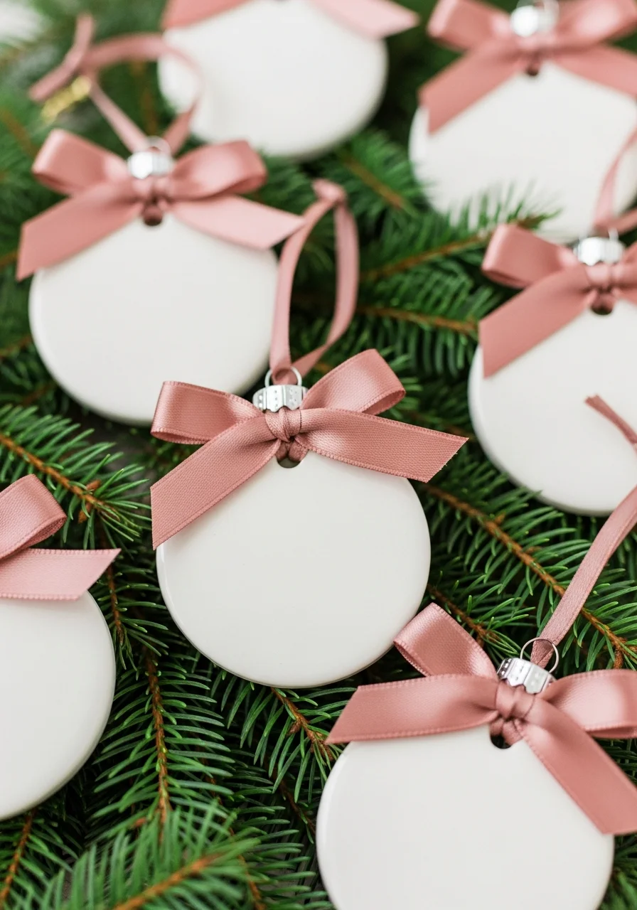 White ceramic ornaments with gold calligraphy and pink ribbons resting on evergreen branches.