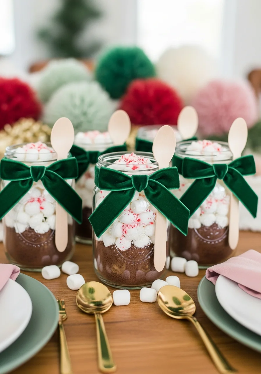 Mason jars filled with layered hot cocoa ingredients and tied with green velvet ribbons and wooden spoons.