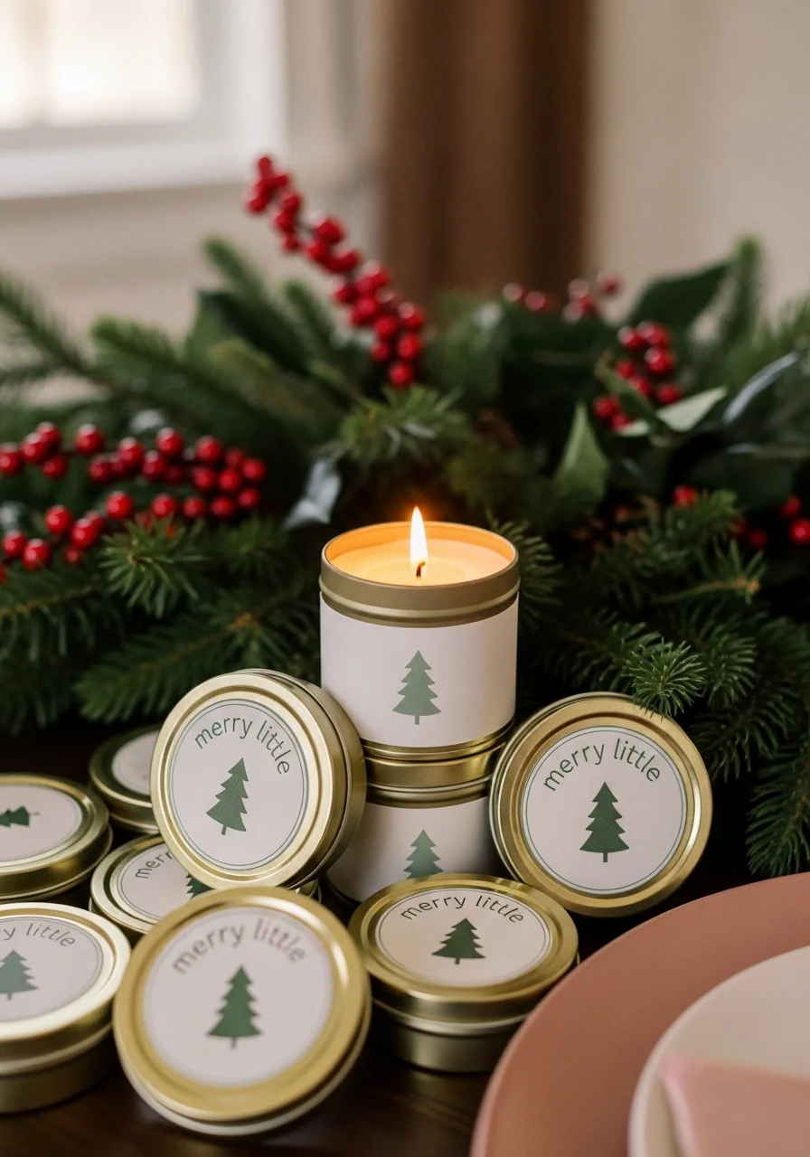 Small gold candle tins with minimalist pine tree labels arranged near holiday greenery.