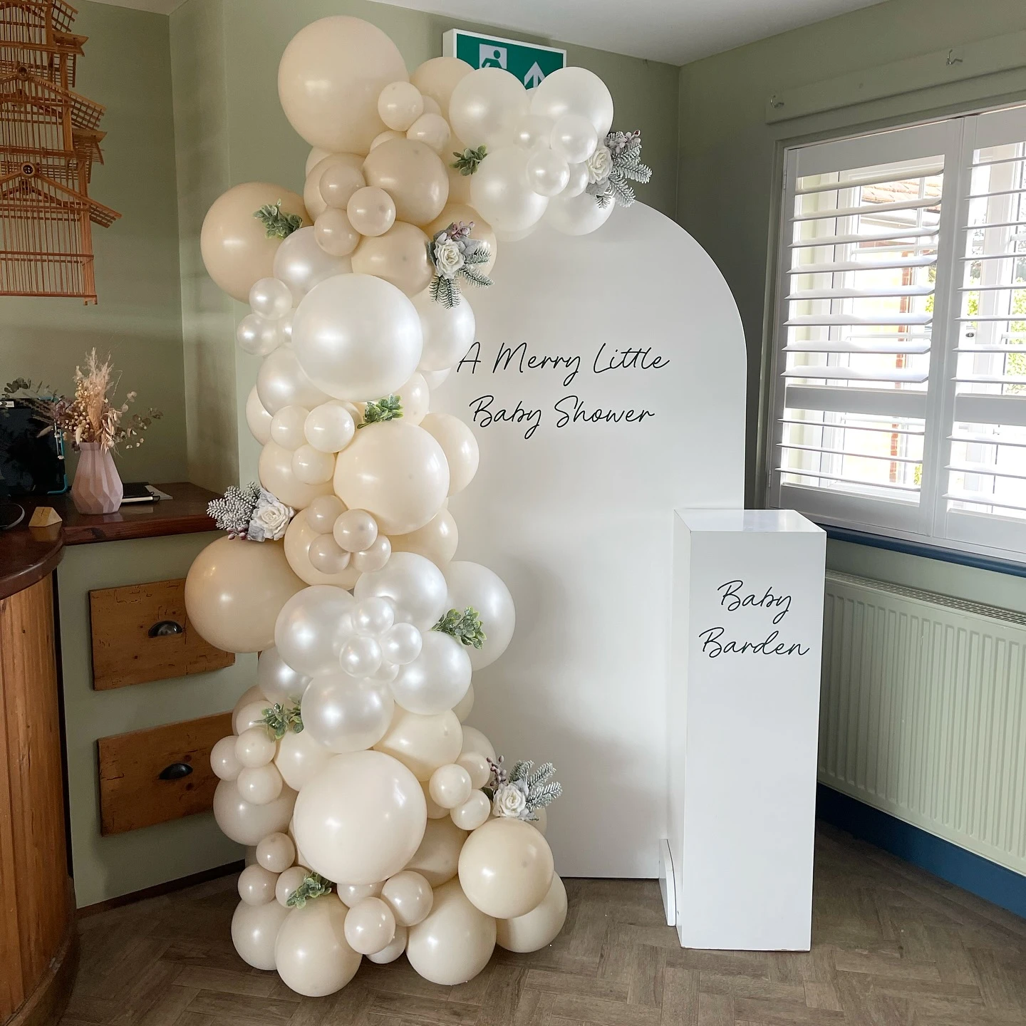 Frosted Neutral Backdrop Setup merry little baby shower theme