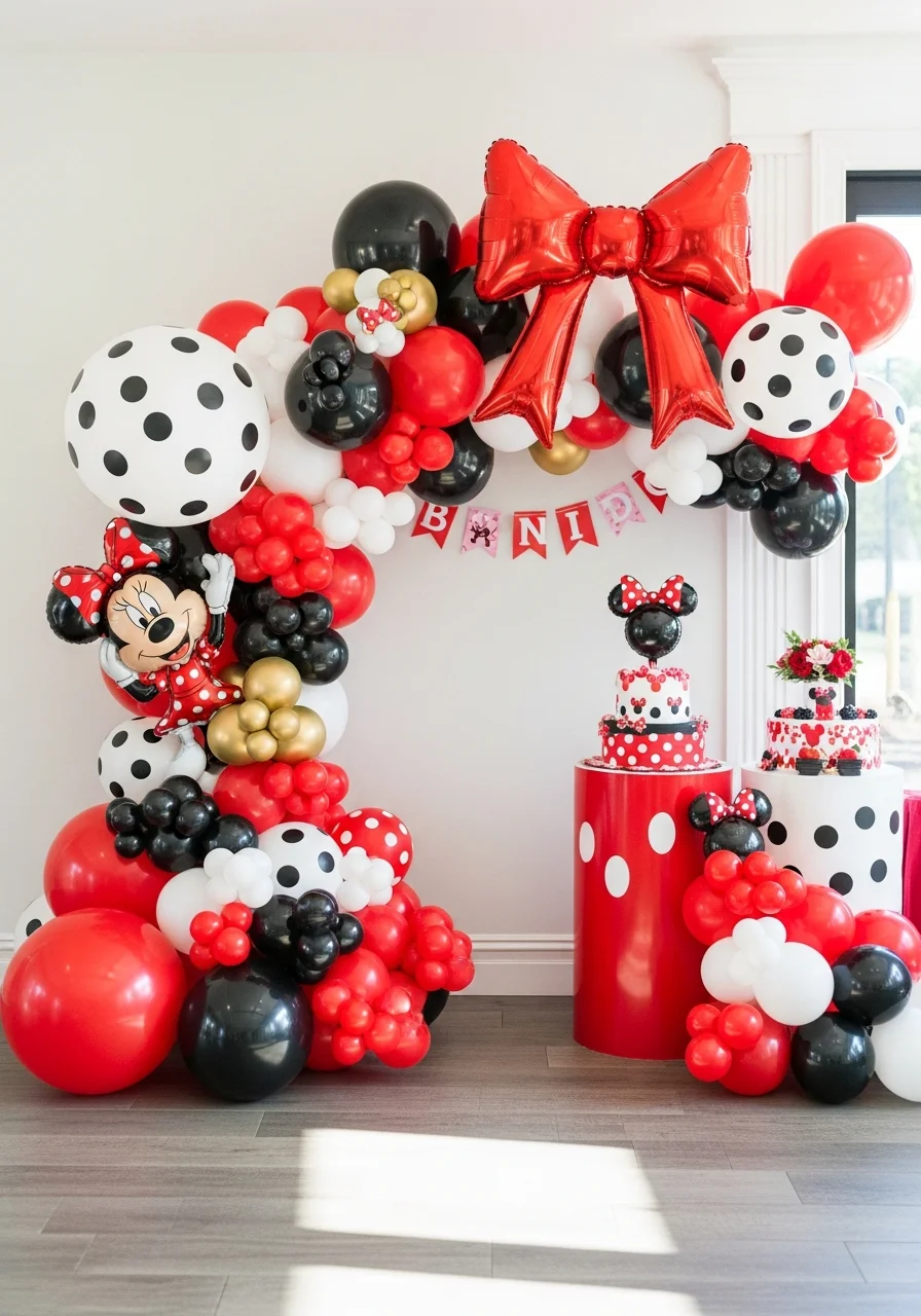 A voluminous balloon arch in red, black, and white with a large red foil bow on top.