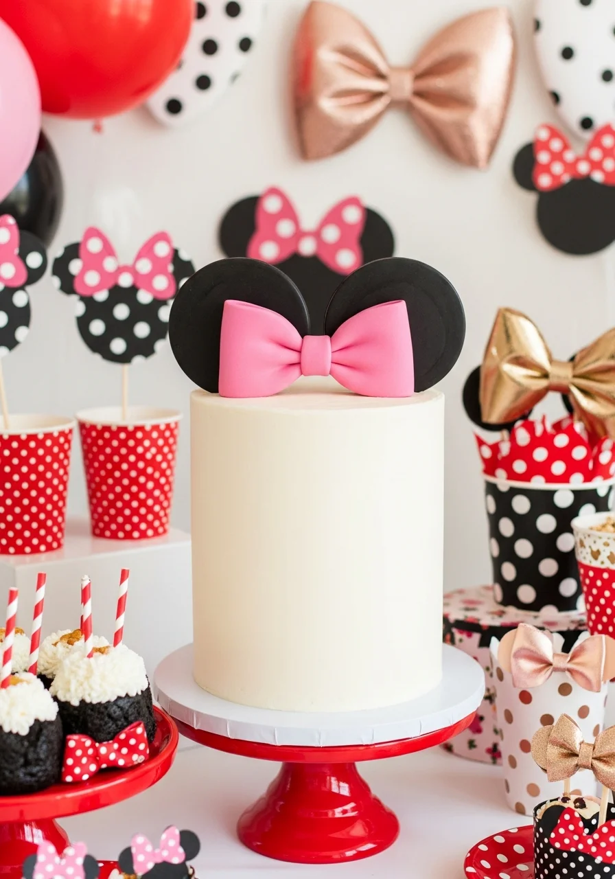 A minimalist white buttercream cake topped with black chocolate ears and a large pink bow.