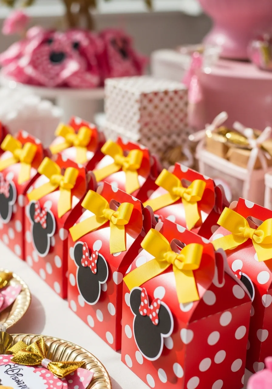 Red and white polka dot gable boxes with black silhouette tags and yellow ribbons.