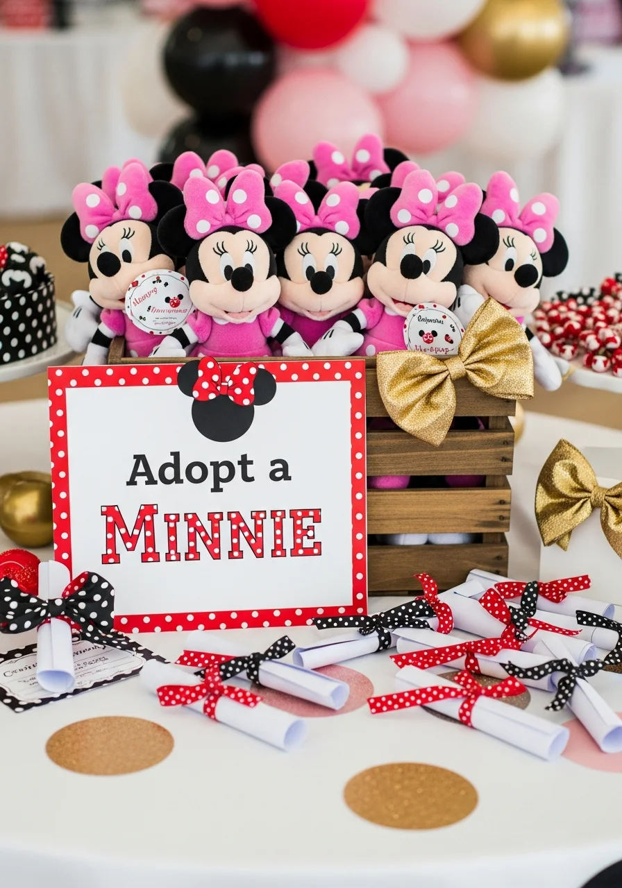 A wooden crate filled with Minnie Mouse plush toys and a sign saying 'Adopt a Minnie'.
